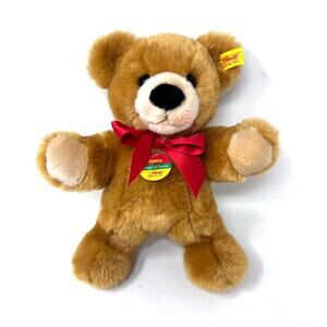 Steiff Bobby Cosy Friends Teddy Bear Plush 10" Brown Red Bow Stuffed Lovey